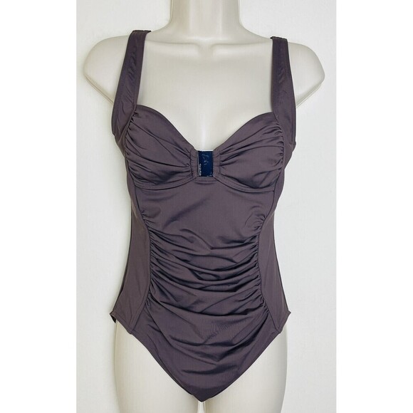 Calvin Klein Women’s Ruched Front One Piece Swimsuit Size 8 Grey Brown - Picture 1 of 7